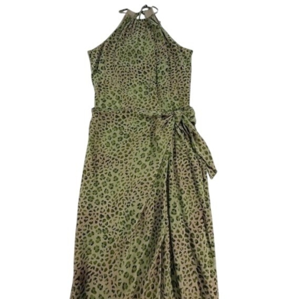 Vintage Spenser Jeremy Silk Leopard Halter Maxi Dress Womens 6 Green - Picture 2 of 16